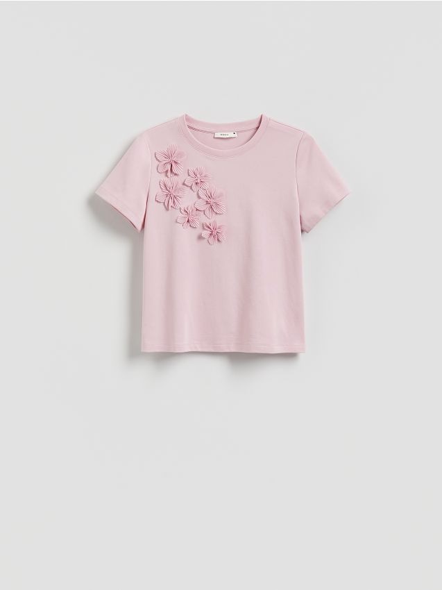 Reserved - T-shirt z kwiatową aplikacją - pastelowy róż