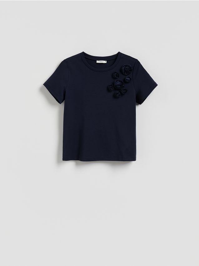 Reserved - T-shirt z kwiatową aplikacją - granatowy