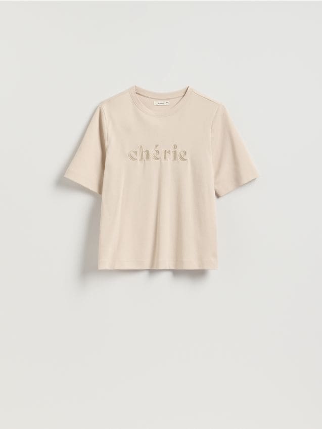 Reserved - T-shirt regular z haftem - beżowy