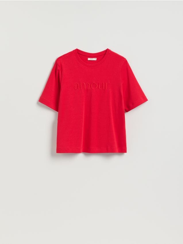 Reserved - T-shirt regular z haftem - czerwony