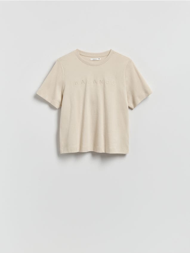 Reserved - T-shirt z haftowanym napisem - beżowy