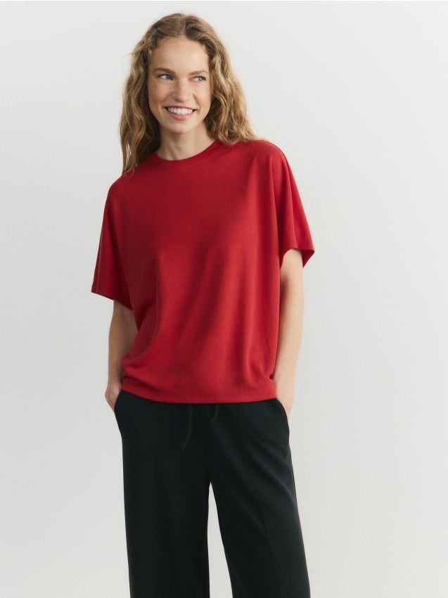 Reserved - T-shirt oversize z modalem - czerwony