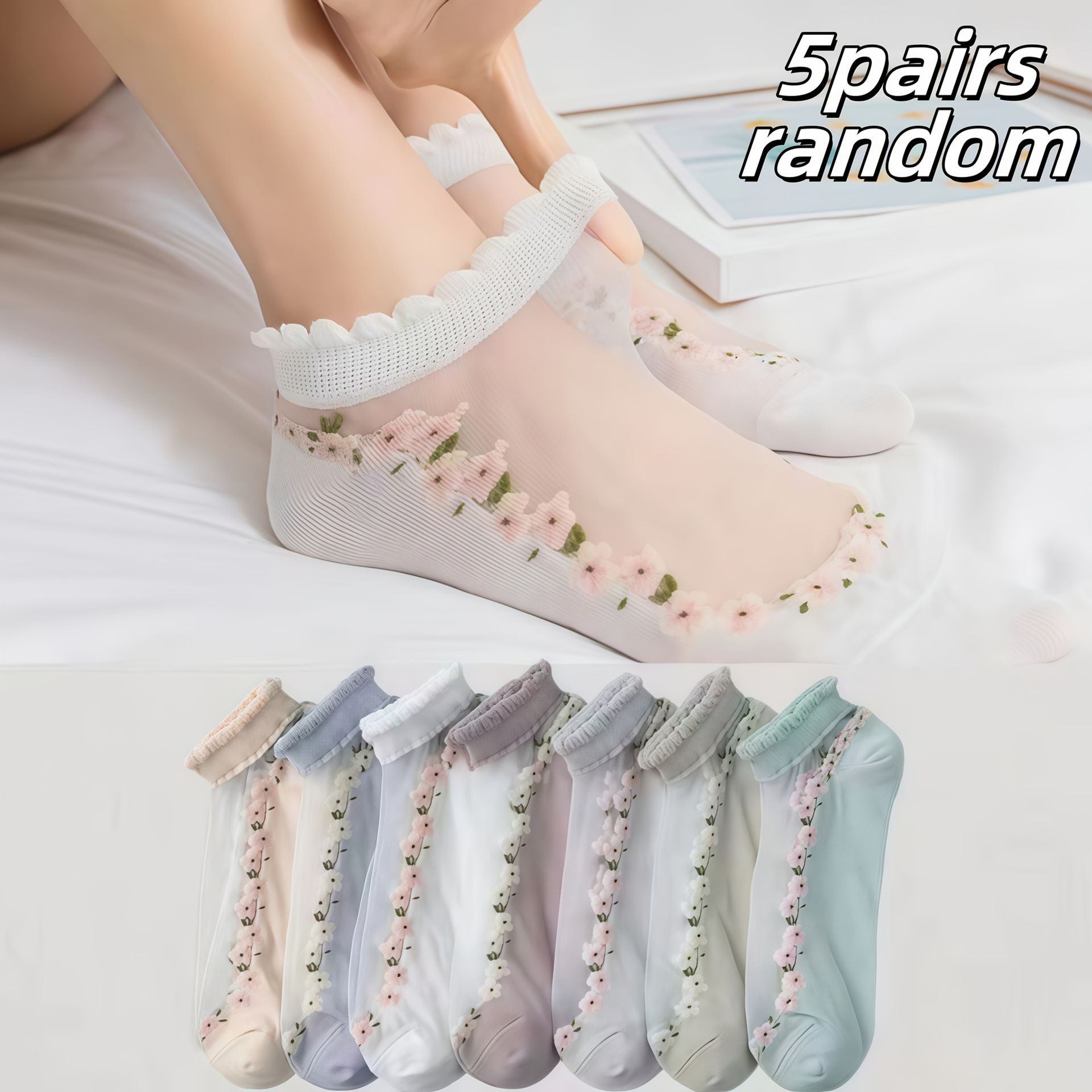 TEMU 5-par Skarpetek Damskich do Kostki z Kwiatowym Wzorem – Krótkie/Niewidoczne Skarpetki Idealne na Codzienność, Casual i Biuro – Miękkie i Wygodne
