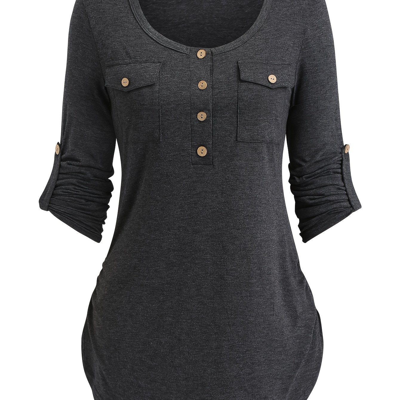 TEMU Urocza koszula damska z długim rękawem zapinana na guziki, z okrągłym dekoltem i jednolitym kolorze, idealna na wiosnę i jesień, z kieszeniami.