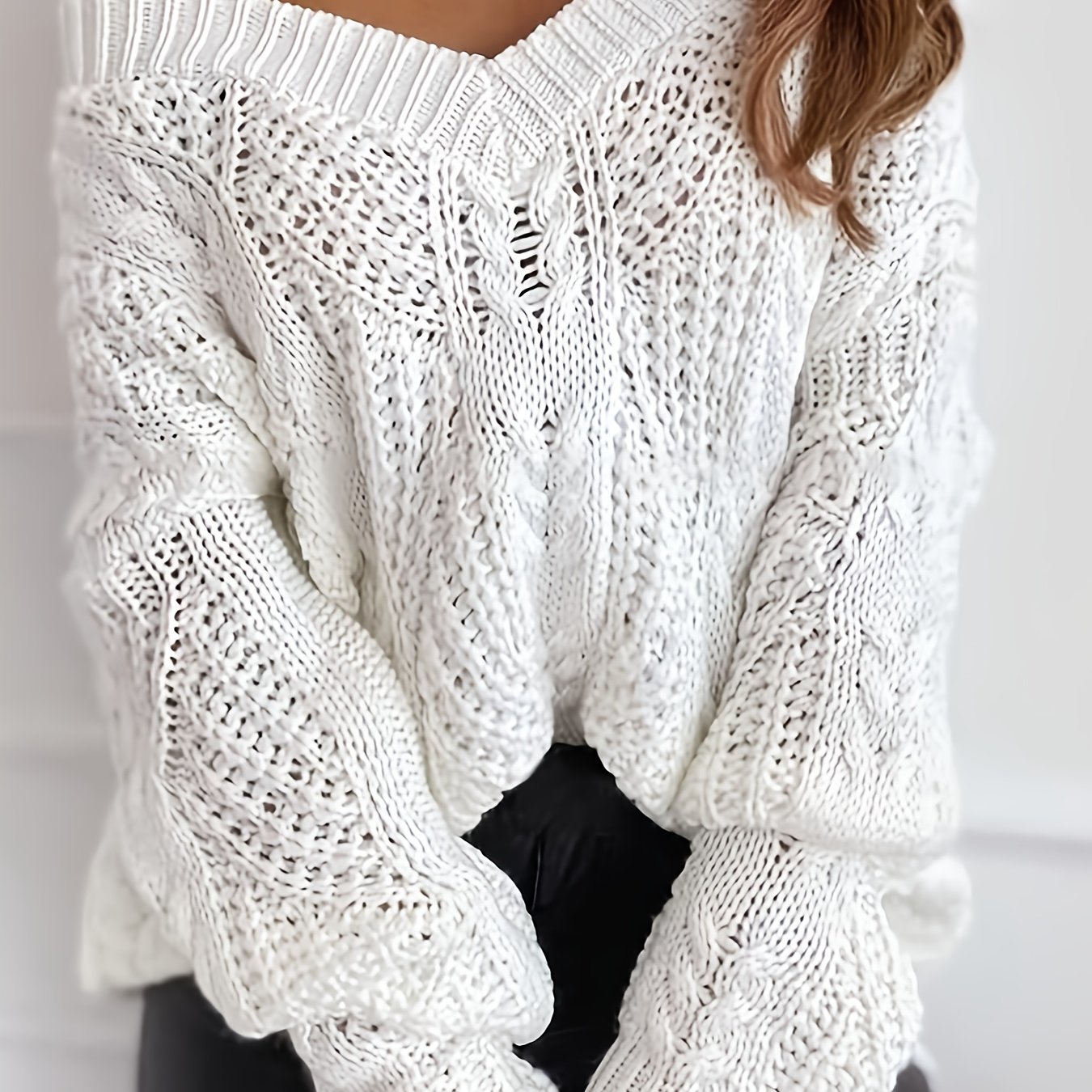 TEMU Elegancki sweter damski z dekoltem w serek - Sweter z długim rękawem i głębokim dekoltem w serek, luźny sweter na jesień/zimę, do biura, na