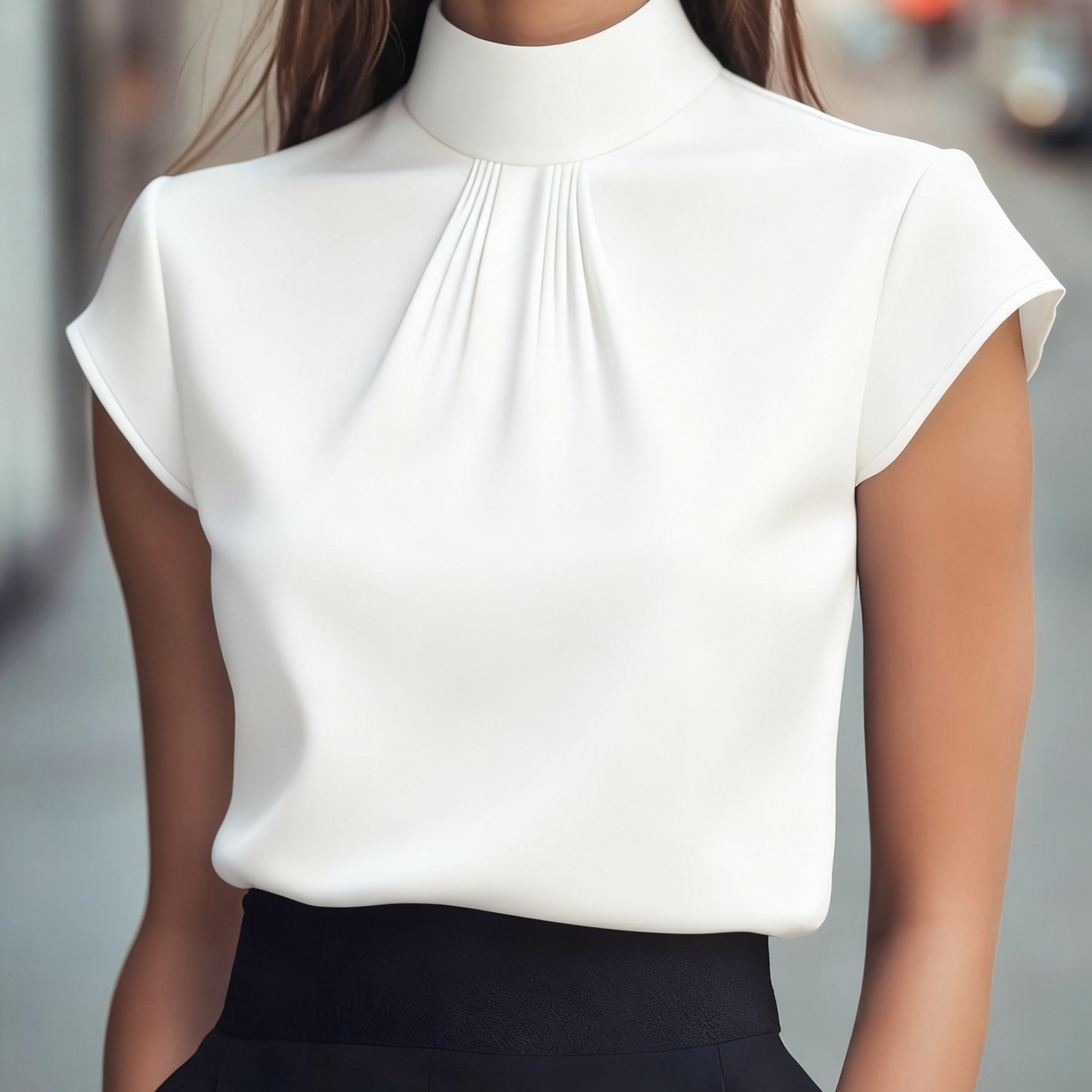 TEMU Boothe Elegancka Bluzka Damska z Krótkim Rękawem i Stojącym Kołnierzem - Dopasowana Plisowana Koszula, Jednokolorowa Koszulka do Prania w Praniu