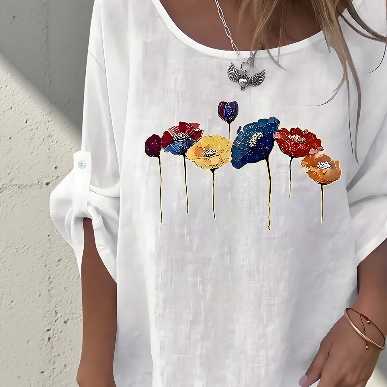 TEMU Elegancka, codzienna koszulka damska z długim rękawem i okrągłym dekoltem Kreatywny nadruk, na każdą porę roku, idealna na imprezy i do