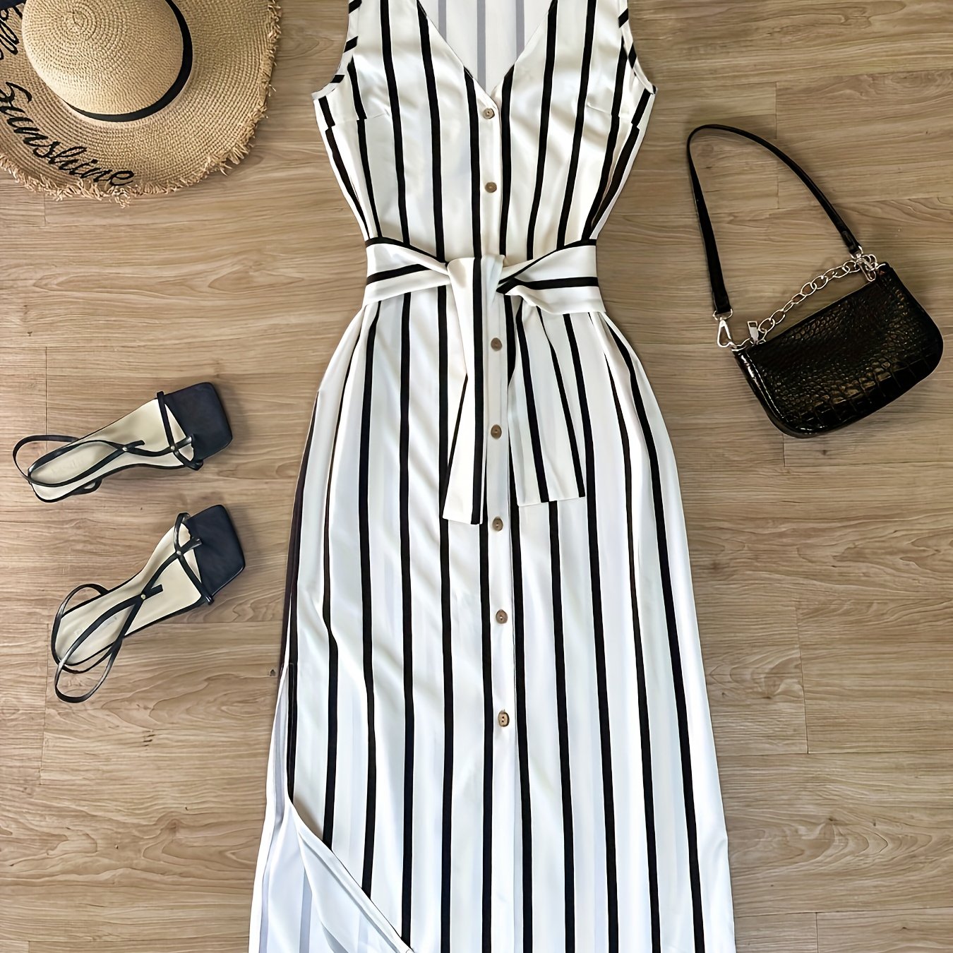 TEMU Elegancka damska czarno-biała sukienka w paski bez rękawów z dekoltem w serek, paskiem i guzikami, o średniej długości.