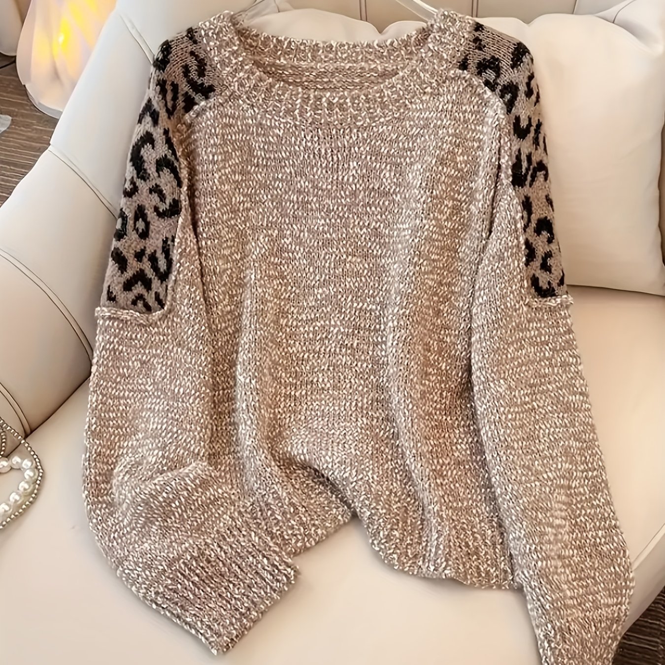 TEMU Luźny i elegancki sweter z długim rękawem i wzorem panterki patchwork, idealny do noszenia w biurze dla kobiet.