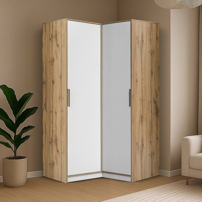 Szafa narożna 2-drzwiowa – szer. 106 cm – Biało-jasny naturalny - LAMIKI