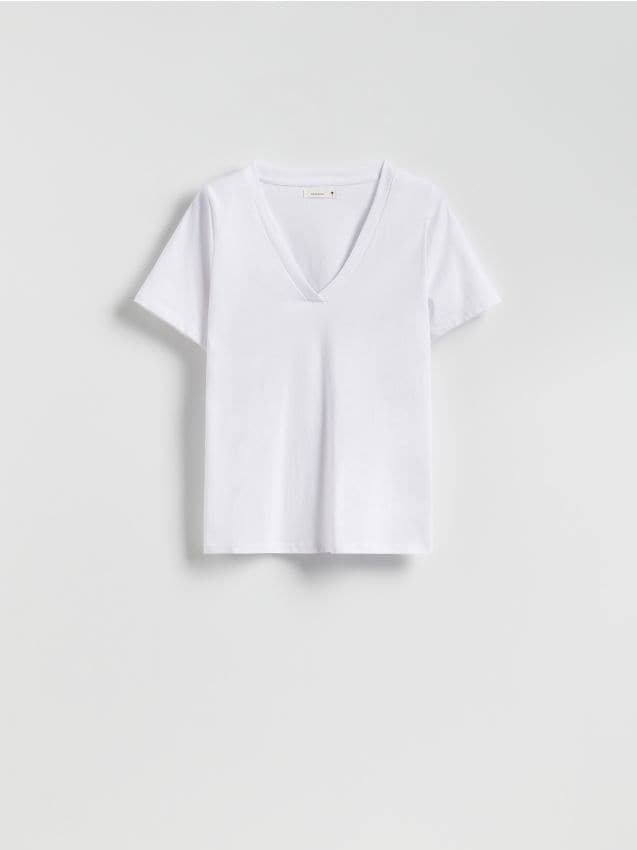 Reserved - T-shirt regular z dekoltem V - biały