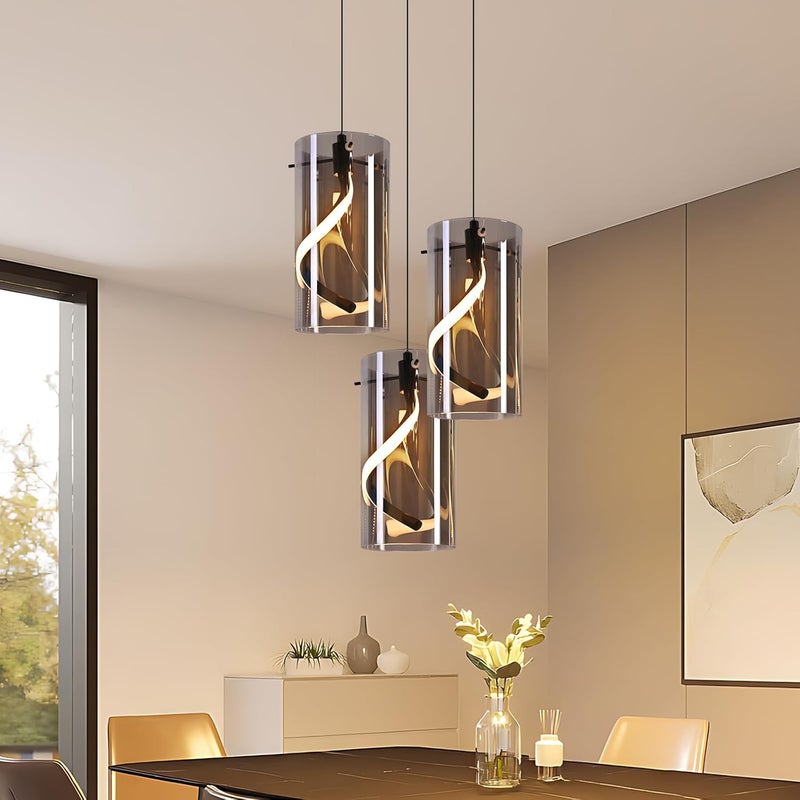 Lampa wisząca LED Nettlife Vintage z 3 źródłami światła – okrągła, przydymione szare szkło, 23 W, 3000 K, w stylu retro, regulowana