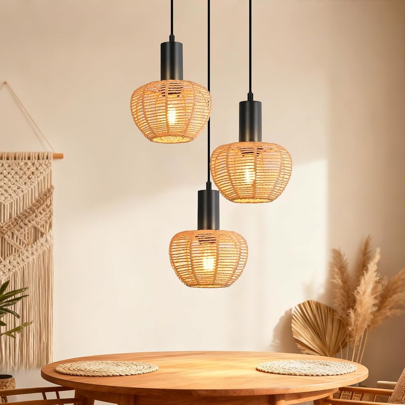 Lampa wisząca Nettlife Boho Rattan z 3 żarówkami – żyrandol z plecionej liny konopnej w stylu vintage, E27 (żarówki nie są dołączone)