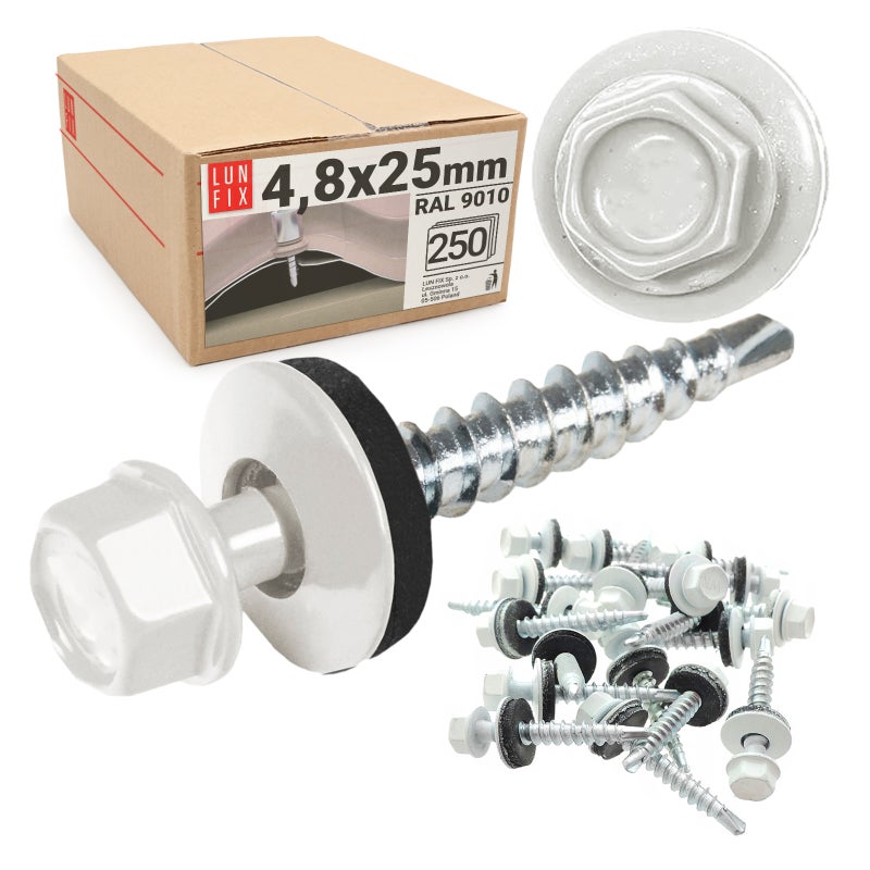 Blachowkręty wkręty farmerskie 4,8x25mm RAL910 biały ciepły 250szt.
