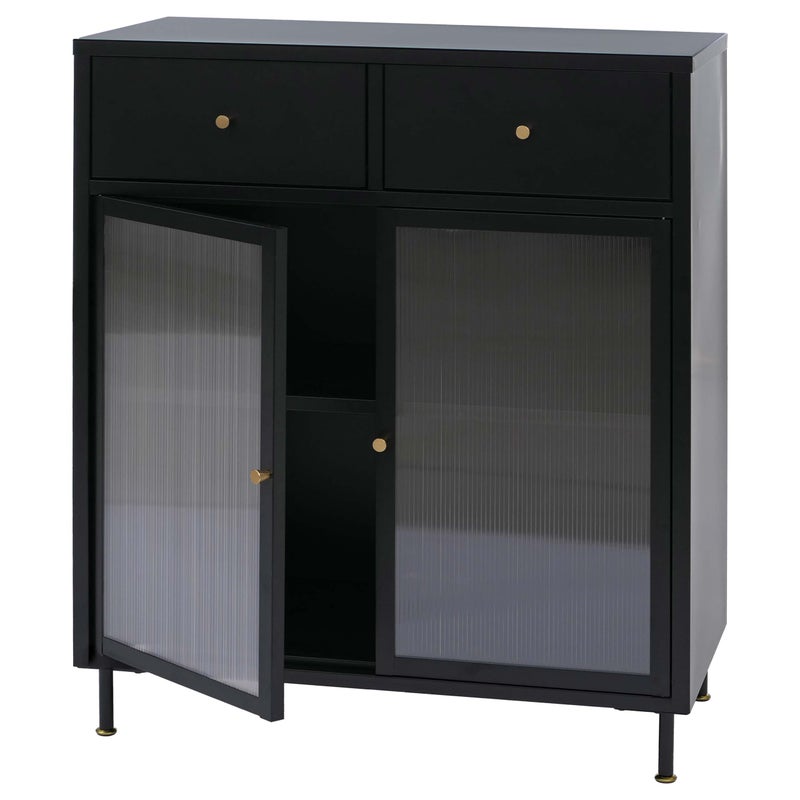 Komoda HWC-O87, szafka kredensowa, wysoka szafka, schowki, szuflady, industrialny metal, szkło trzcinowe, 96 x 80 x 40 cm ~ czarna