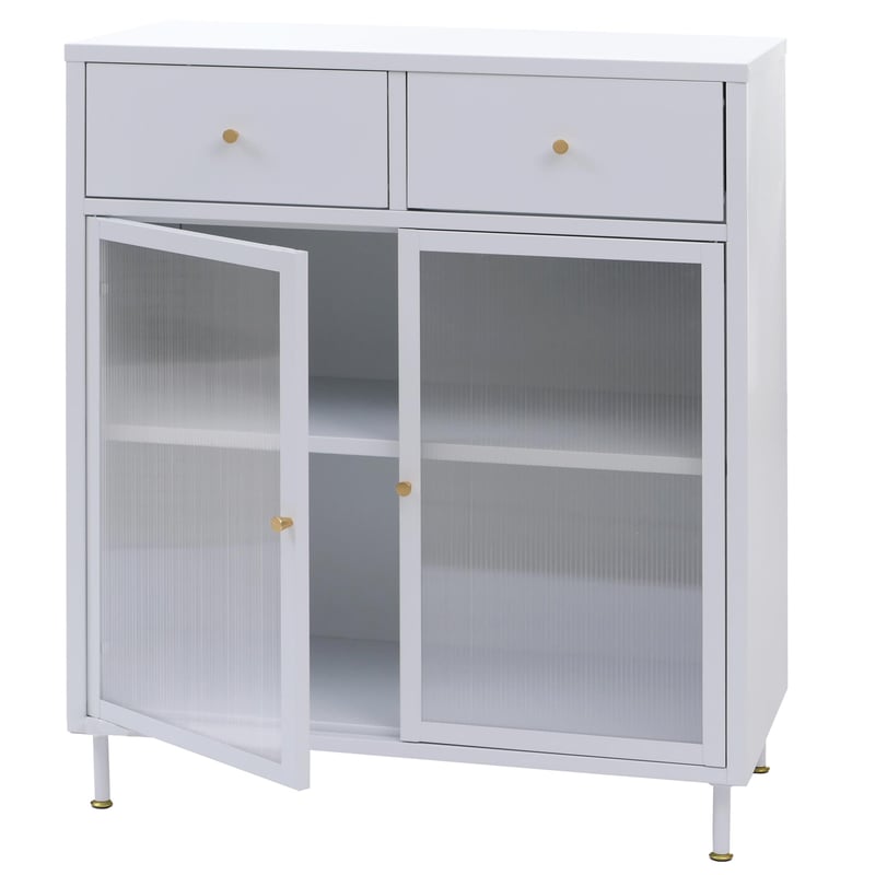Komoda HWC-O87, szafka kredensowa, wysoka szafka, schowki, szuflady, industrialny metal, szkło trzcinowe, 96 x 80 x 40 cm ~ biały