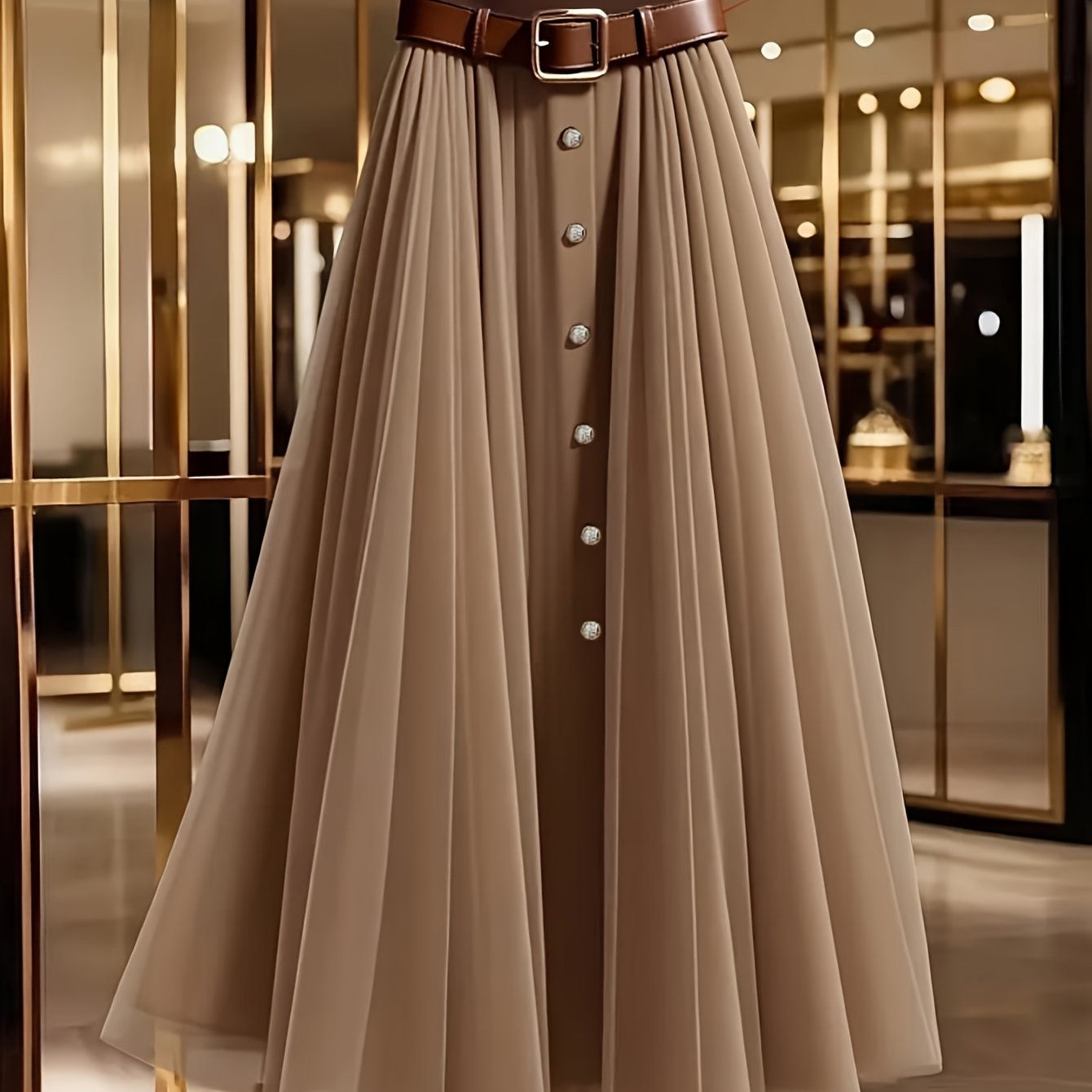 TEMU Damska Elegancka Spódnica Plisowana Wysokiej Talii z Aplikacją z Siatki, Jednokolorowa, Jednoprzyciskowa, Bez Paska, Casual na Wiosnę/Jesień