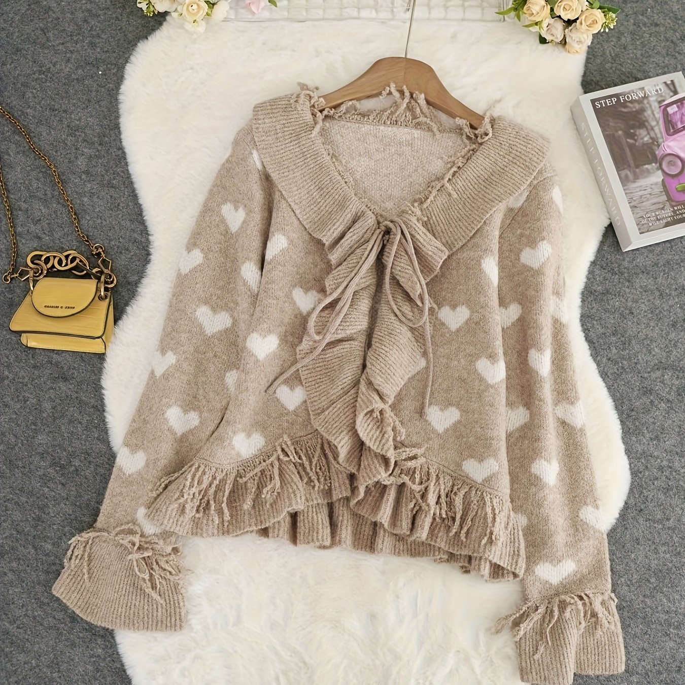 TEMU Sweter damski z długim rękawem, luźny, w stylu vintage, z falbanką i motywem brzoskwiniowego , jesień 2025