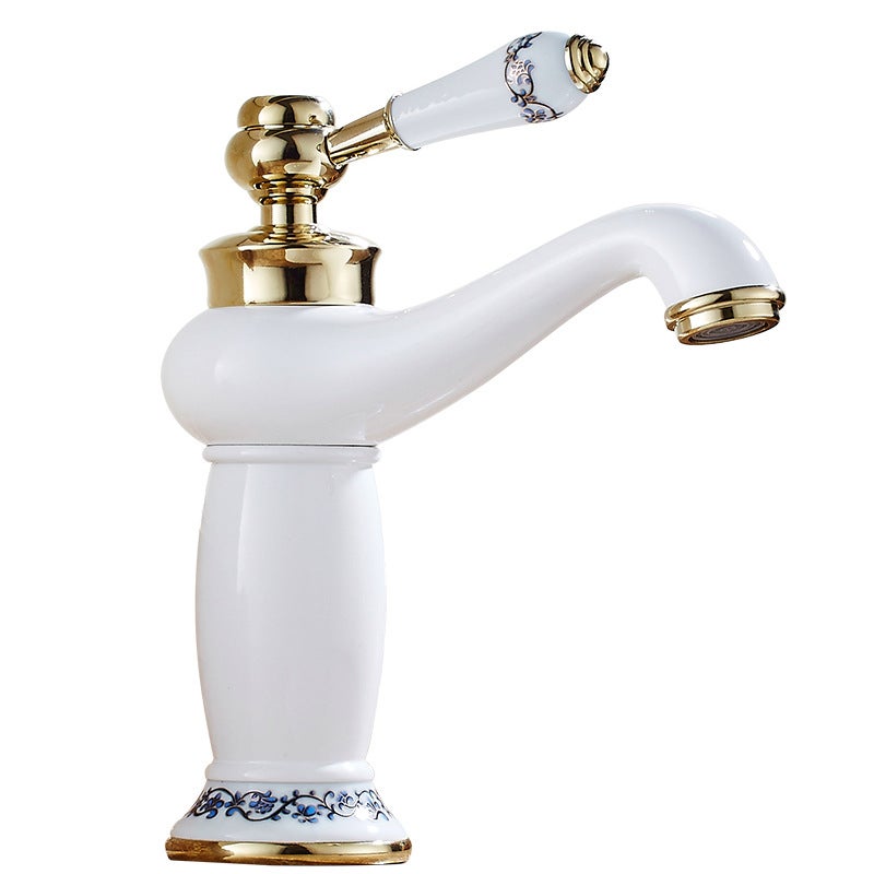 Antyczna ceramiczna bateria umywalkowa z mosiądzu, niebiesko-biała porcelanowa bateria mieszająca z długą szyjką (biała)