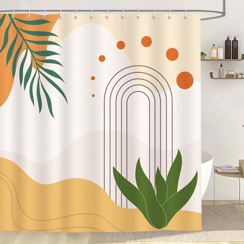 Zasłona prysznicowa Boho Abstract Leaves 180 x 180 cm, wodoodporna tkanina poliestrowa, odporna na pleśń, zmywalna, z 12 haczykami