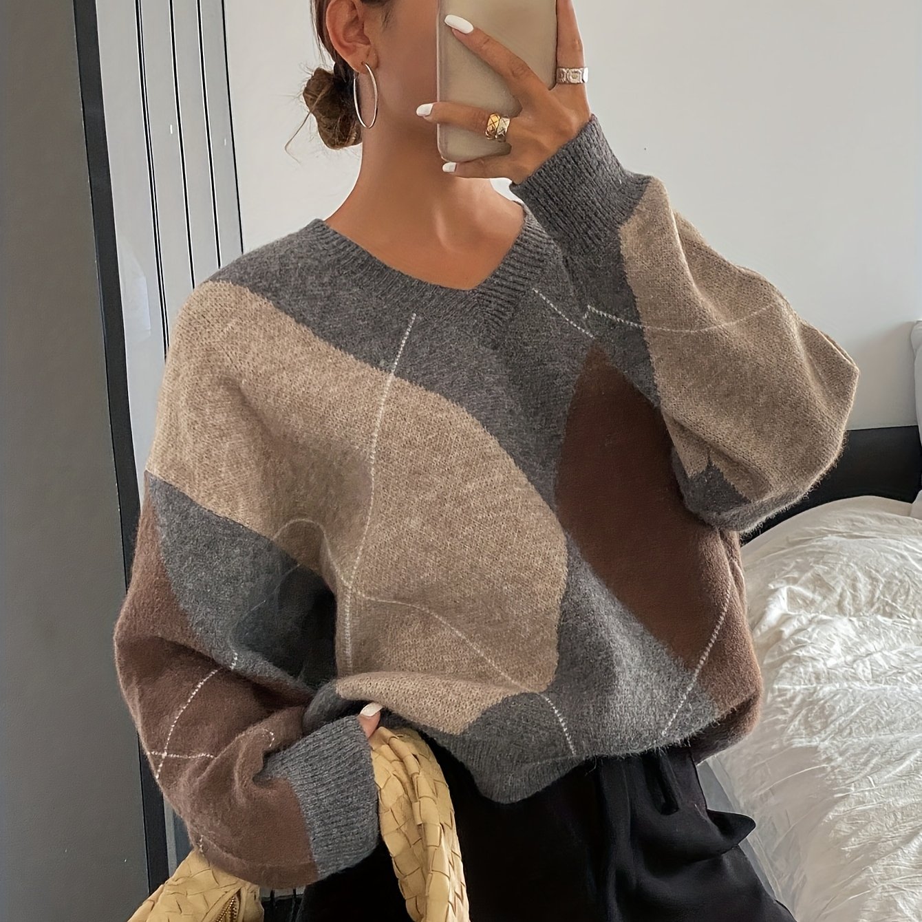 TEMU 1 szt. Elegancka Bluzka Damska w Kratę z Kontrastem Kolorów - Miękki Sweter o Średniej Elastyczności, Kolorów Varsity (/), Długi Rękaw, Pranie w