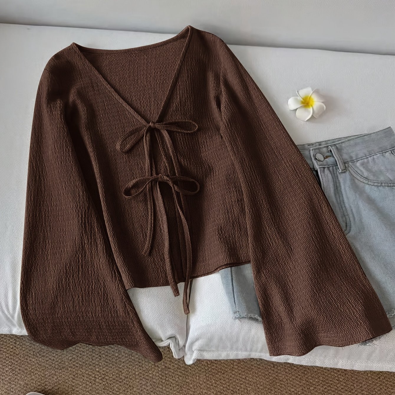 TEMU Kardigan w kolorze kawy z kołnierzykiem, krótkie rękawy dzwoneczki i wiązany w tył Stylowy i uroczy, jednolity , na każdą porę roku