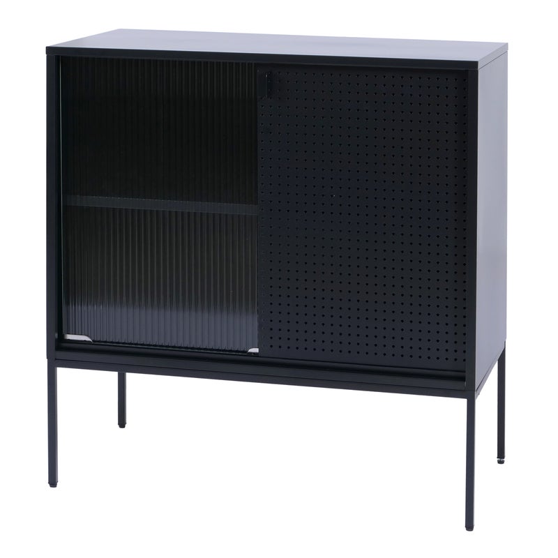 Komoda HWC-O90, szafka kredensowa, przemysłowe schowki, drzwi przesuwne, metal, 85 x 80 x 45 cm ~ czarna