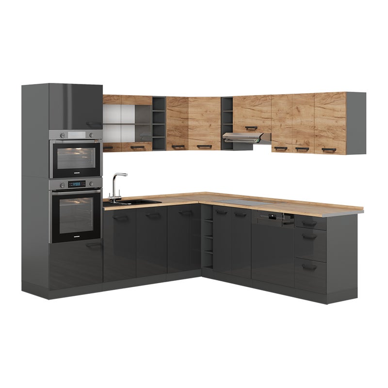 Vicco Kuchnia narożna R-Line, Złoty dąb power/antracyt, 247 x 60 cm dwukolorowe szafki, BL Dąb