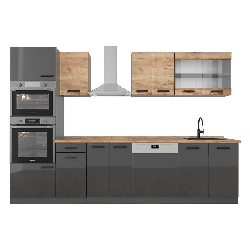 Vicco Aneks kuchenny R-Line, Złoty dąb power/antracyt, 300 cm dwukolorowe szafki, BL Dąb