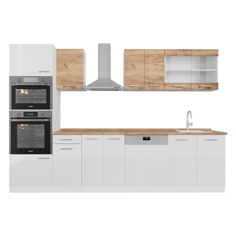 Vicco Aneks kuchenny R-Line, Gold power dąb/biały, 300 cm dwukolorowe szafki, BL Dąb