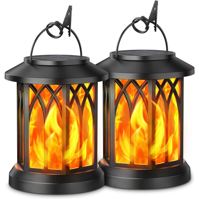 Zestaw dwóch lampionów wiszących do użytku na zewnątrz, zasilanych energią słoneczną, z migoczącym płomieniem, wodoodpornych, dekoracyjnych lampionów