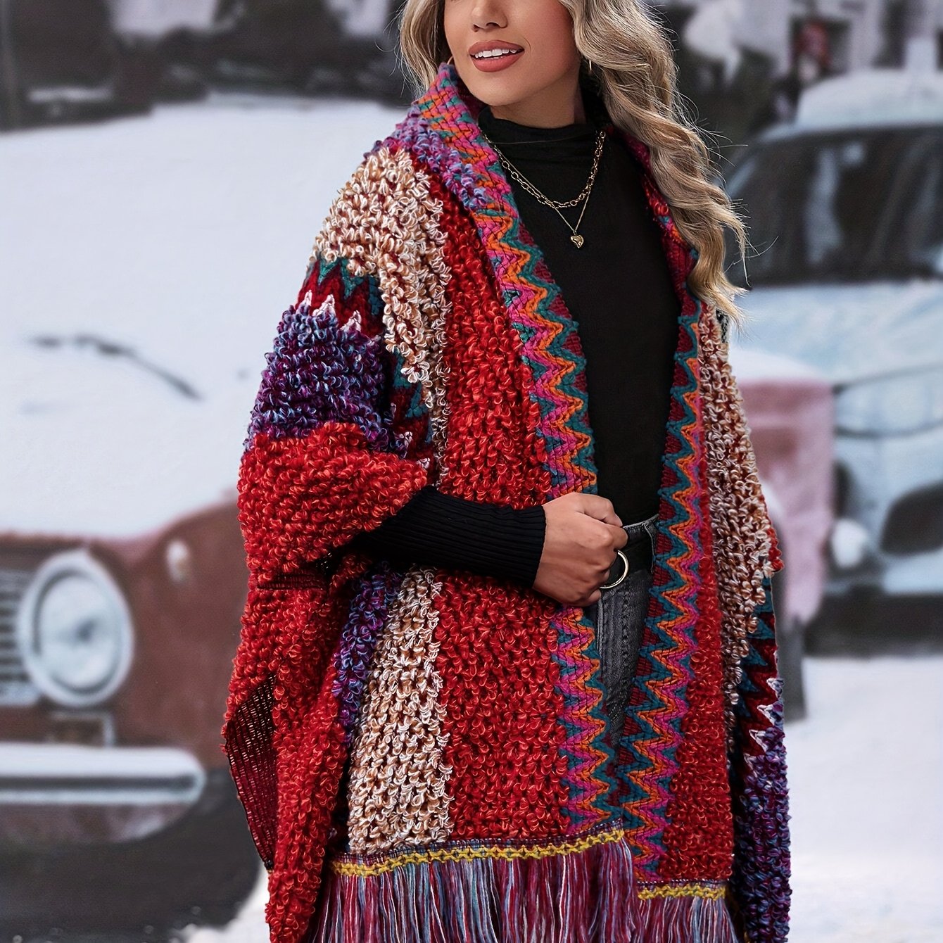 TEMU Elegancka damska peleryna z kapturem - Miękka, ciepła zimowa peleryna z frędzlem, szykowna odzież wierzchnia na jesień i zimę, na formalne i