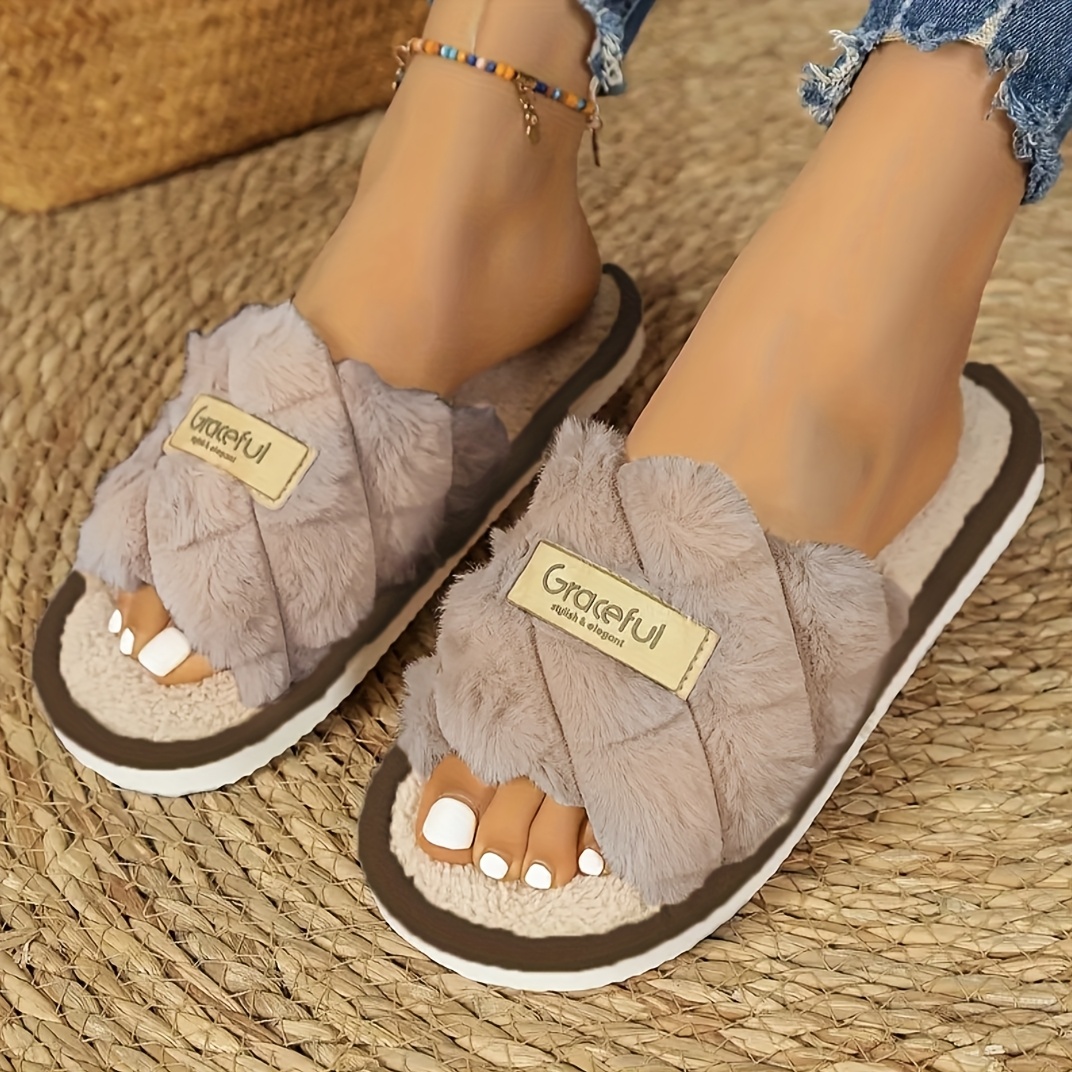 TEMU Damskie Kapcie w Kratę - Miękka Pluszowa Imitacja z Frędzlami, Całoroczne Domowe Kapcie do Noszenia w Domu i na Zewnątrz, Wzór w Kratę, Kapcie