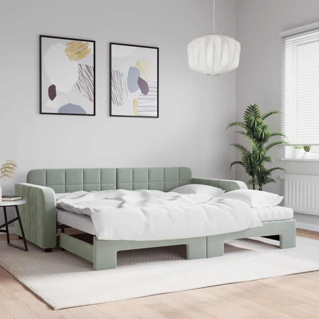 VidaXL Sofa rozsuwana z materacami, jasnoszara, 90x190 cm, aksamit