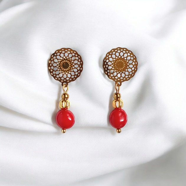 Kolczyki : INDIA : koral czerwony na ozdobnych sztyftach