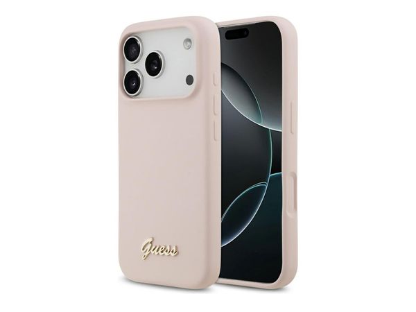 GUESS Silicone Script Metal Logo MagSafe do iPhone 17 Pro różowy