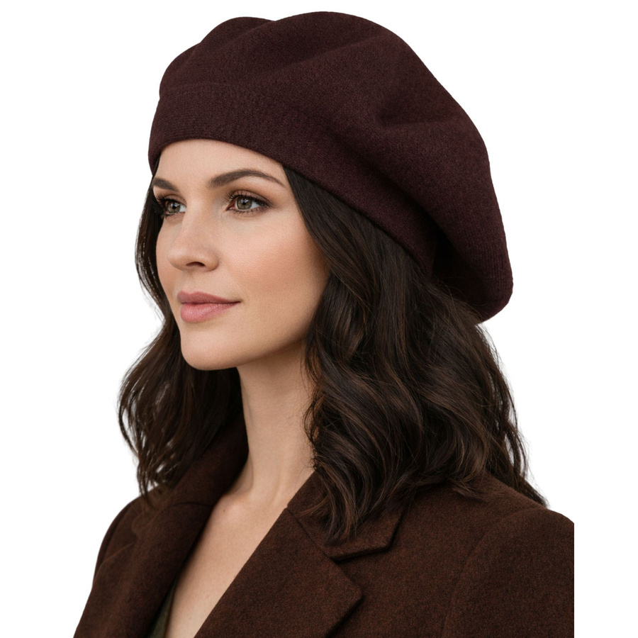 Brązowy, stylowy beret damski wykonany z akrylu - Peterson