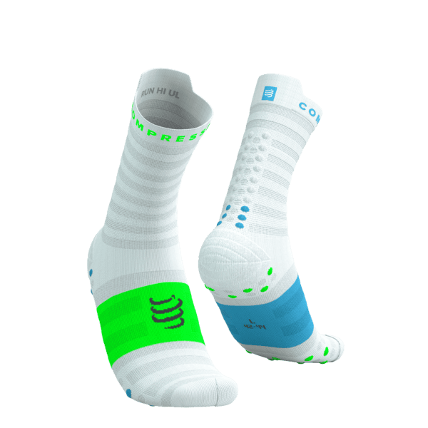 COMPRESSPORT Skarpetki do biegania PRORACING SOCKS V4 ULTRALIGHT RUN HIGH white/norse blue/neon green
