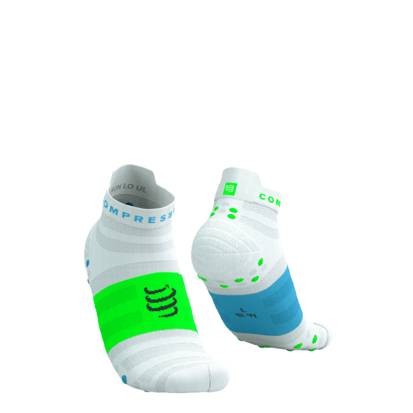 COMPRESSPORT Skarpetki do biegania PRORACING SOCKS V4 ULTRALIGHT RUN LOW white/norse blue/neon green