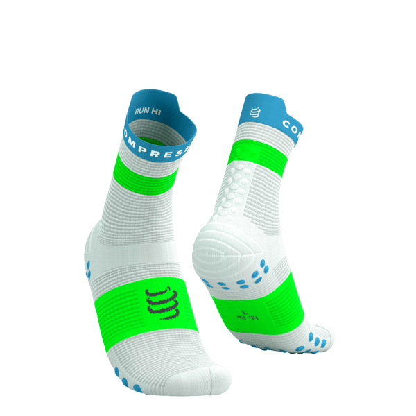 COMPRESSPORT Skarpetki do biegania wysokie PRORACING SOCKS V4 RUN HIGH white/norse blue/neon green