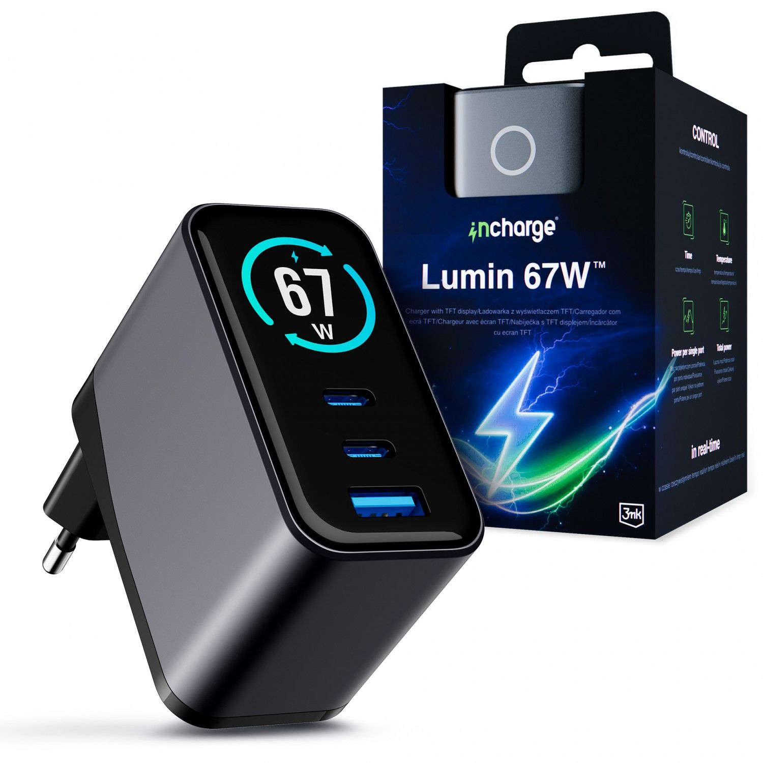 3MK InCharge Lumin 67W QC4+ Display Black/Grey