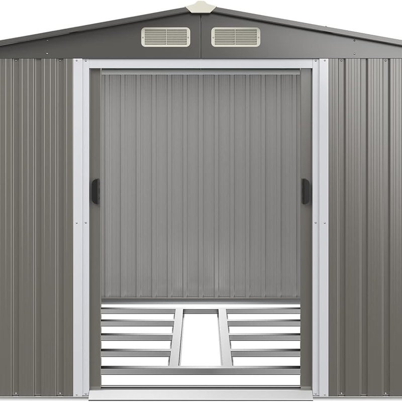 4,7 m² Metalowa Szopa Ogrodowa z Podstawą, Schowek na Narzędzia z Przesuwanymi Drzwiami, 260 x 207 x 181 cm, Jasnoszary