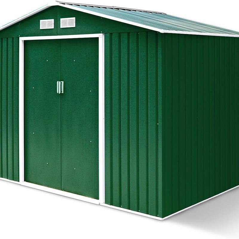 2,37 m² Metalowa Szopa Ogrodowa Ocynkowana z Podstawą, 213 x 127 x 185 cm, Szopa na Narzędzia z Przesuwanymi Drzwiami i Oknami, 4,39 m³ Zielona