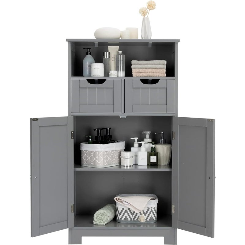 Szafka Łazienkowa na Nóżkach z Ruchomą Półką i 2 Regulowanymi Szufladami, Mebel Łazienkowy na Nóżkach z 2 Drzwiami, 60 x 30 x 109 cm