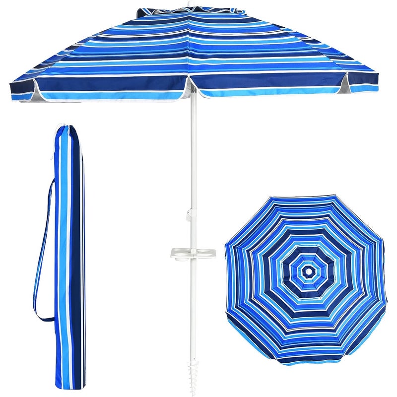 Parasol Plażowy D.199 x H.173 cm – Odchylana Głowica z Uchwytem na Kubek/Daszek/Torba– 8 Żeber – Końcówka w Kształcie Śruby – Ciemnoniebieski