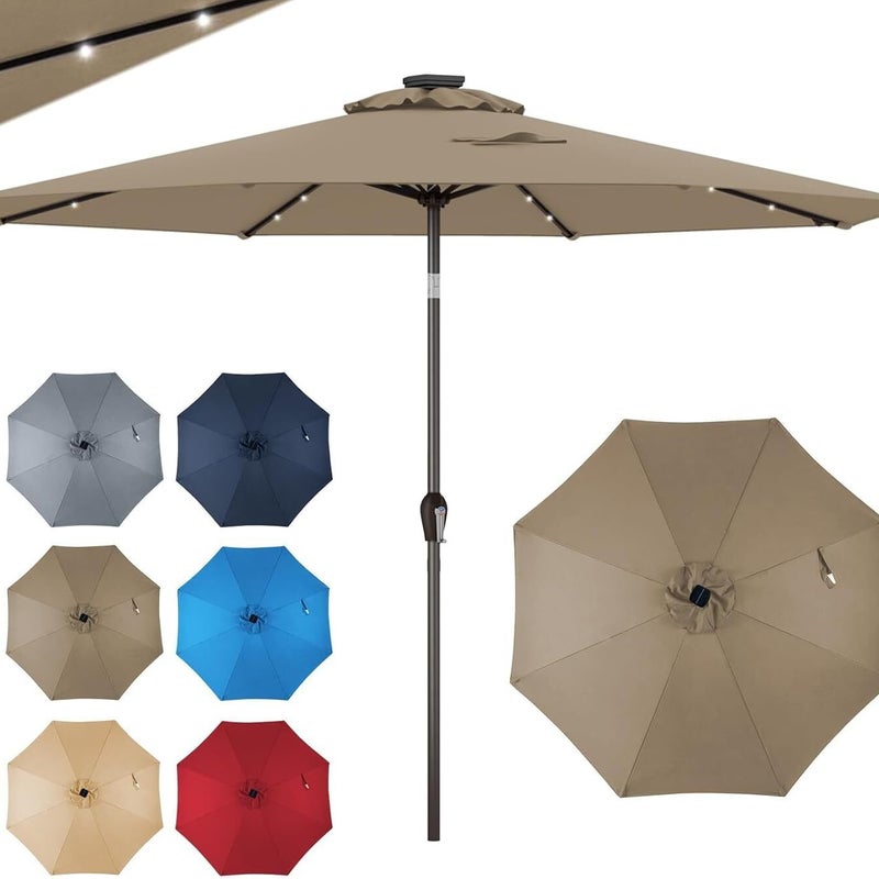Parasol Ogrodowy 3M, Parasol z Regulowanym Nachyleniem, 8 Żeber, 24 Diody LED, Korba, Ochrona przed UV, Duży Parasol na Plażę, Balkon, Patio, Brązowy