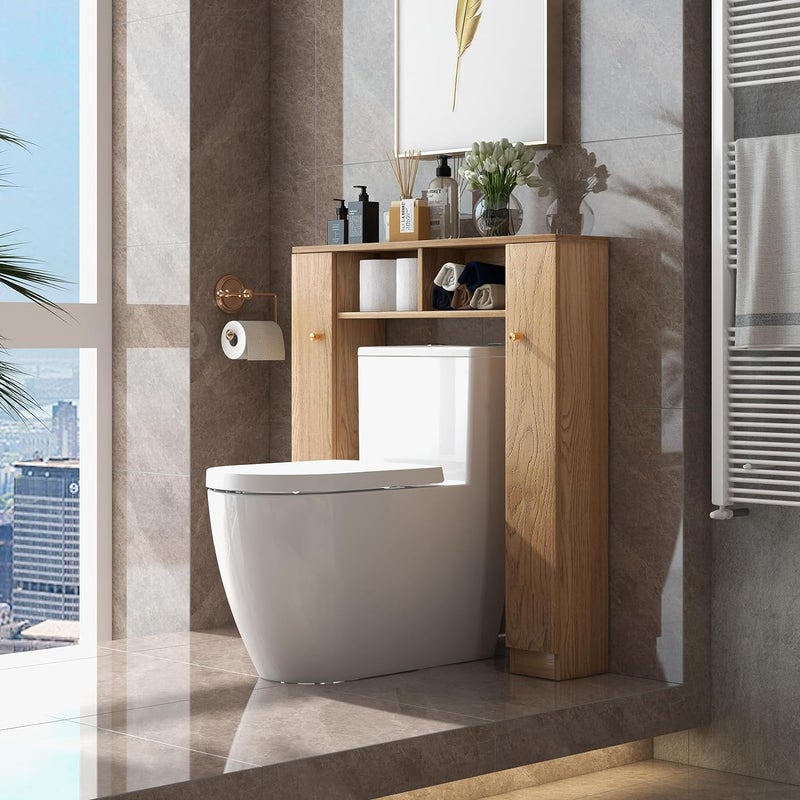 Szafka pod Toaletę, Regał 87,5 x 18 x 98 cm nad Toaletą, Szafka Łazienkowa z Podwójnymi Drzwiami i 4 Regulowanymi Regałami, Naturalna