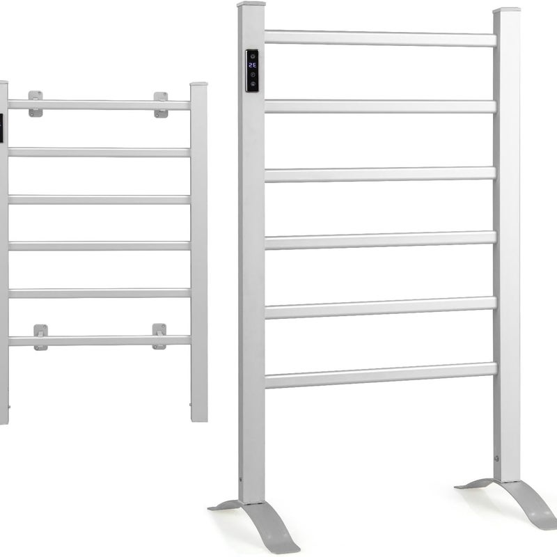 Elektryczna Suszarka do Ręczników Ścienna lub Stojąca z 6 Prętami, Regulacja Temperatury 30-60℃ i Timer 1-8 Godzin, Podgrzewacz do Ręczników