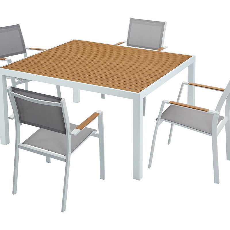 Zestaw mebli ogrodowych jadalnianych z aluminium: kwadratowy stół dł. 140 cm i 4 sztaplowane fotele - Naturalny jasny i szary - MACILA marki MYLIA