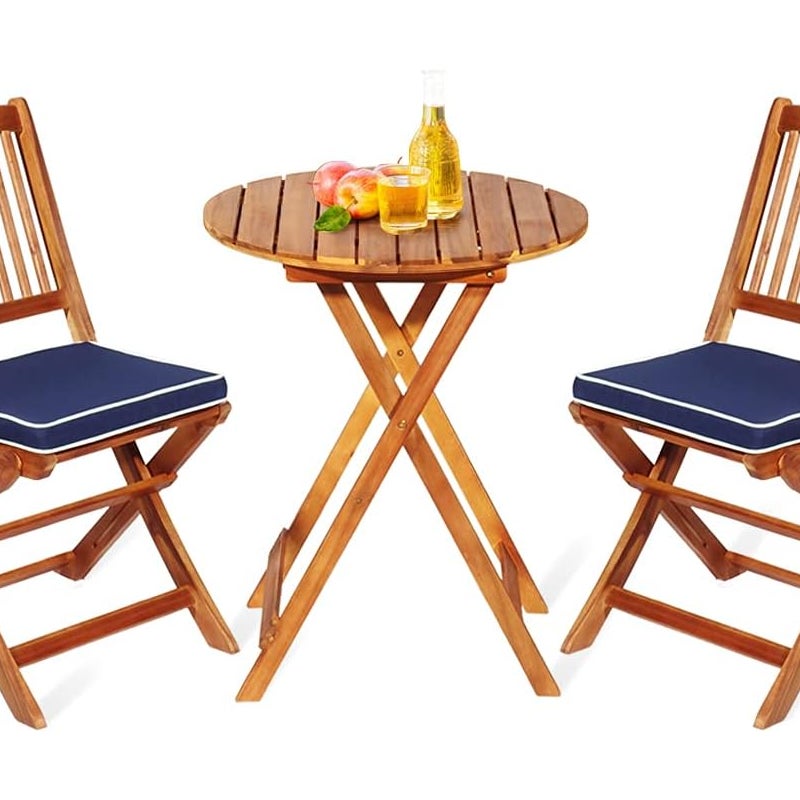 3 Sztuki Składany Zestaw Ogrodowy – 2 Krzesła + 1 Stół + 2 Poduszki z Drewna Akacjowego – Stół i Krzesła do Ogrodu/Tarasu, Niebieski